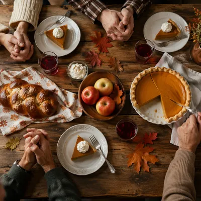 Thanksgiving Family Prayer Around Rustic Dinner Table