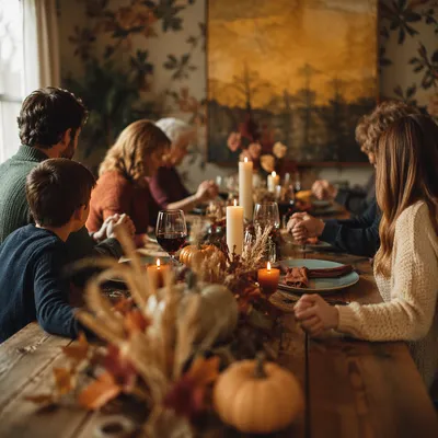 Thanksgiving Family Prayer at Rustic Dinner Table