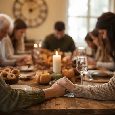 Thanksgiving Family Prayer at Rustic Dinner Table