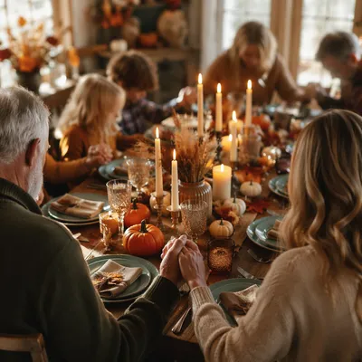 Thanksgiving Family Prayer Around Rustic Dinner Table