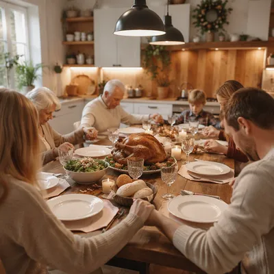 Thanksgiving Family Prayer Around Rustic Dinner Table