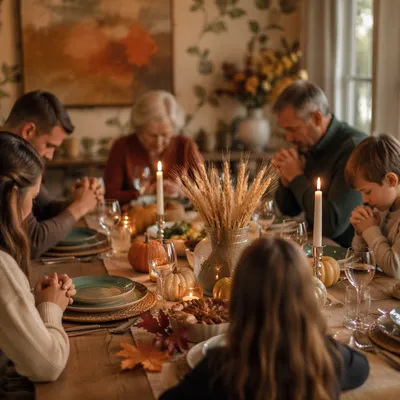 Thanksgiving Family Prayer Around Rustic Dinner Table