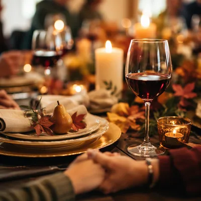 Thanksgiving Family Prayer at Candlelit Dinner Table