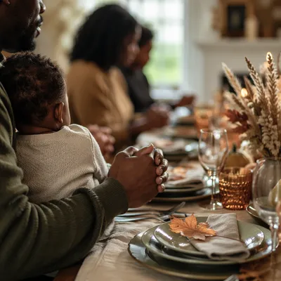 Thanksgiving Family Prayer Around Cozy Dinner Table