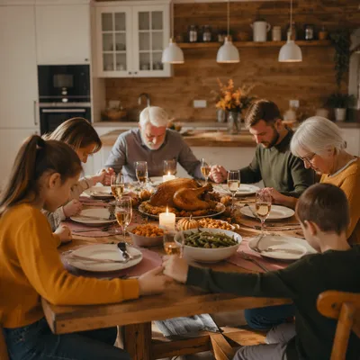 Thanksgiving Family Prayer Around Rustic Dinner Table