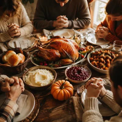 Thanksgiving Family Prayer Around Rustic Dinner Table
