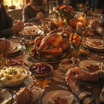 Thanksgiving Family Prayer Around Rustic Dinner Table