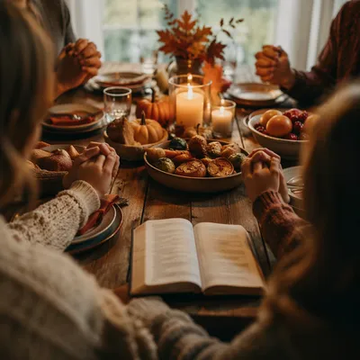 Thanksgiving Family Prayer Around Rustic Dinner Table