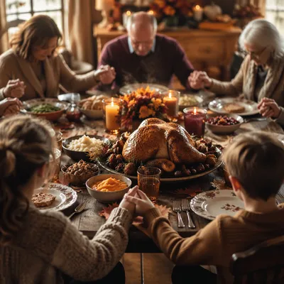 Thanksgiving Family Prayer Around Autumn Dinner Table