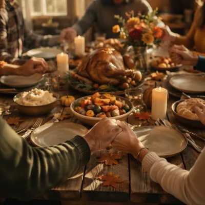 Thanksgiving Family Prayer Around Rustic Dinner Table