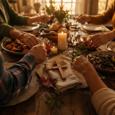 Thanksgiving Family Prayer Around Farmhouse Table