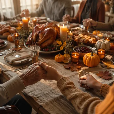 Thanksgiving Family Prayer Around Autumn Dinner