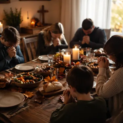 Thanksgiving Family Prayer at Rustic Dinner Table