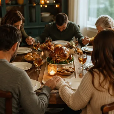 Thanksgiving Family Prayer at Warm Dinner Table
