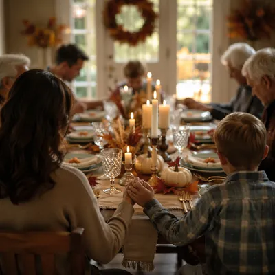 Thanksgiving Family Prayer at Warm Dinner Table