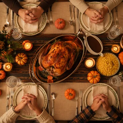 Thanksgiving Family Prayer Dinner Table Overhead