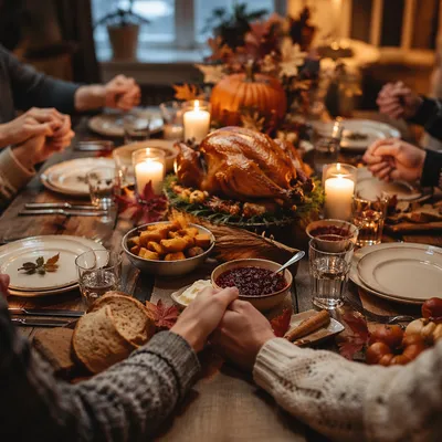Thanksgiving Family Prayer Around Candlelit Dinner