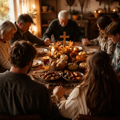 Thanksgiving Family Prayer Around Rustic Dinner Table