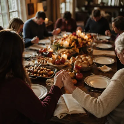 Thanksgiving Family Prayer Around Rustic Dinner Table