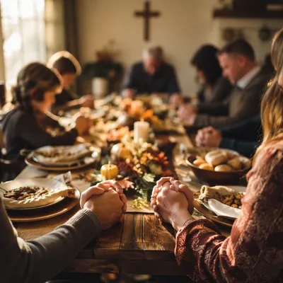 Thanksgiving Family Prayer Around Rustic Dinner Table