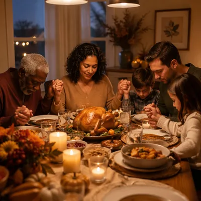Thanksgiving Family Prayer Around Farmhouse Table
