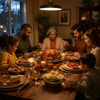 Family Holding Hands at Thanksgiving Dinner