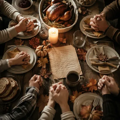 Thanksgiving Family Prayer Around Rustic Dinner Table