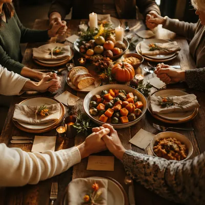 Thanksgiving Family Prayer Around Rustic Dinner Table