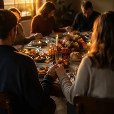 Thanksgiving Family Prayer at Rustic Dinner Table