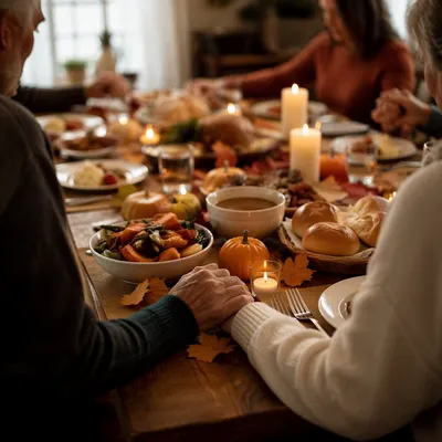 Thanksgiving Family Prayer Around Rustic Dinner Table