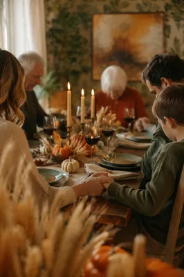Thanksgiving Family Prayer Around Rustic Dinner Table