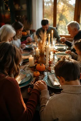 Thanksgiving Family Prayer Around Rustic Dinner Table