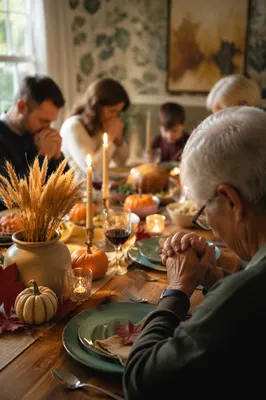 Thanksgiving Family Prayer Around Rustic Dinner Table