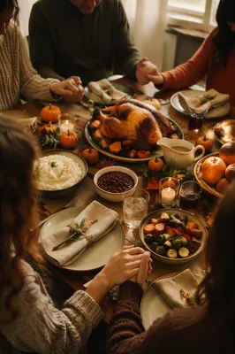 Thanksgiving Family Prayer at Rustic Dinner Table