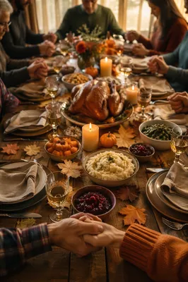 Thanksgiving Family Prayer Around Rustic Dinner Table