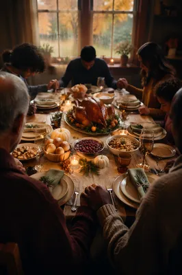 Thanksgiving Family Prayer Around Festive Dinner Table