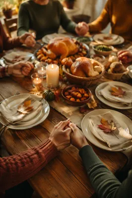 Thanksgiving Family Prayer Around Rustic Dinner Table