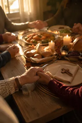 Thanksgiving Family Prayer Around Rustic Dinner Table