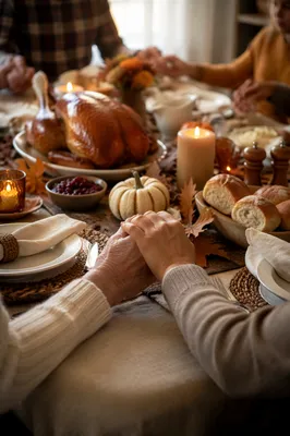 Thanksgiving Family Prayer Around Autumn Dinner