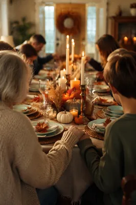 Thanksgiving Family Prayer at Autumn Dinner Table