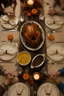 Thanksgiving Family Prayer Dinner Table Overhead