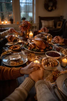 Thanksgiving Family Prayer Around Candlelit Dinner Table