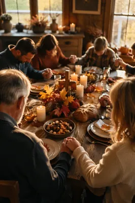 Thanksgiving Family Prayer Around Rustic Dinner Table