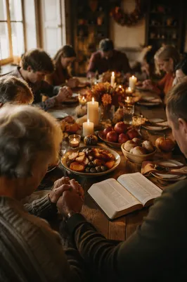 Thanksgiving Family Prayer at Rustic Dinner Table