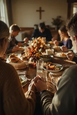 Thanksgiving Family Prayer at Rustic Dinner Table