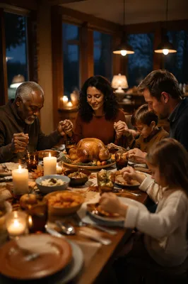 Family Thanksgiving Prayer at Farmhouse Table