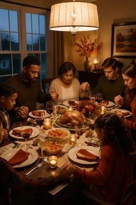 Family Holding Hands at Thanksgiving Dinner