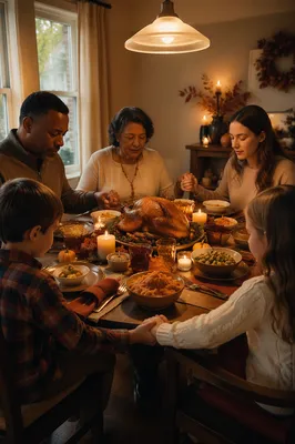 Family Praying at Thanksgiving Dinner Table