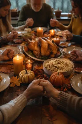 Thanksgiving Family Prayer Around Rustic Table