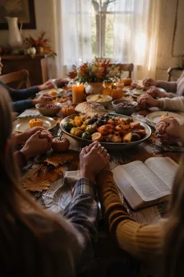 Thanksgiving Family Prayer Around Rustic Dinner Table